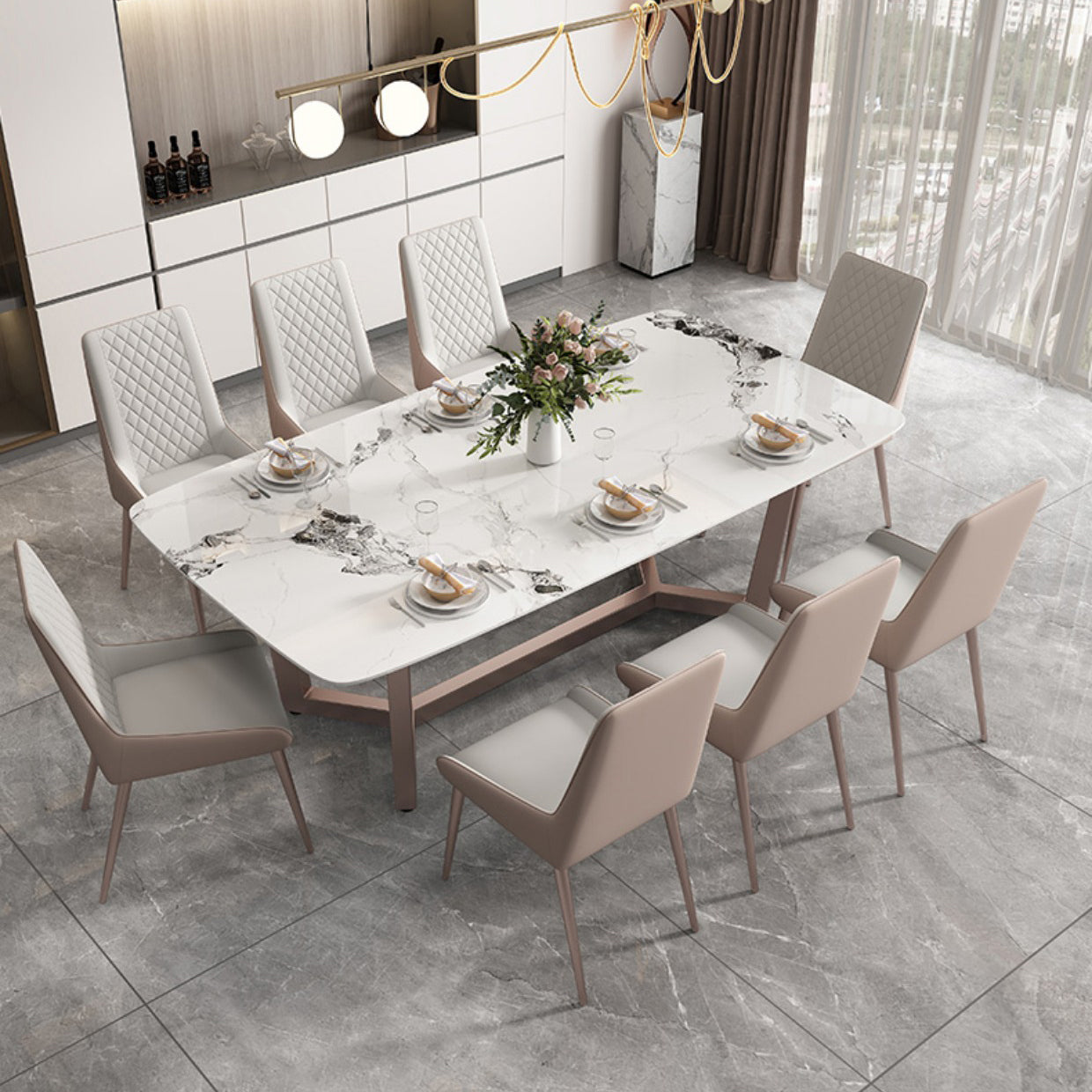 Traditioneller Luxus -Esstisch Rechteck Sintered Stone Trestle Basistisch