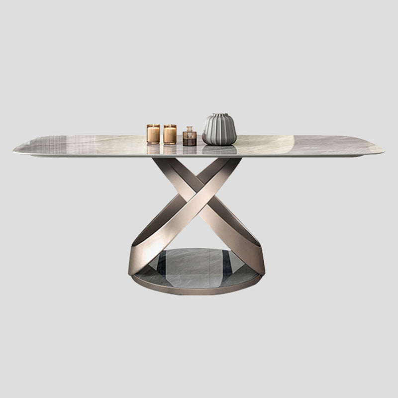 Luxury Sintered Stone Top Table Rectangle Grey Table with Gold Metal Pedestal