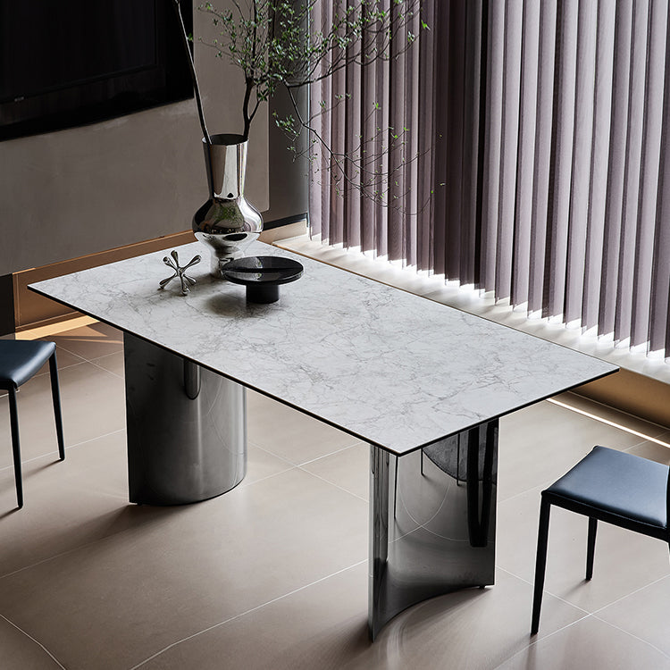 Mesa rectangular de lujo tradicional de metal, mesa de piedra sinterizada blanca para cocina y comedor