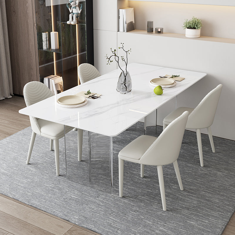 Mesa de comedor rectangular moderna, mesa de comedor de piedra sinterizada blanca con base acrílica para cocina