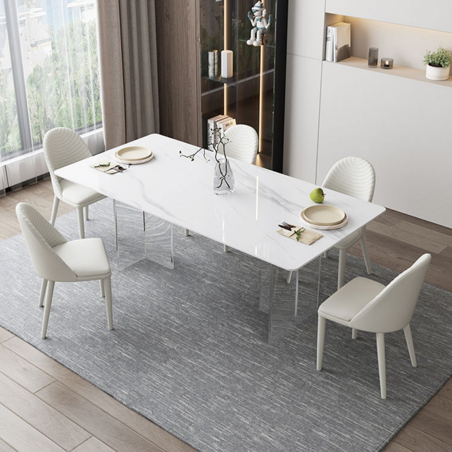 Mesa de comedor rectangular moderna, mesa de comedor de piedra sinterizada blanca con base acrílica para cocina