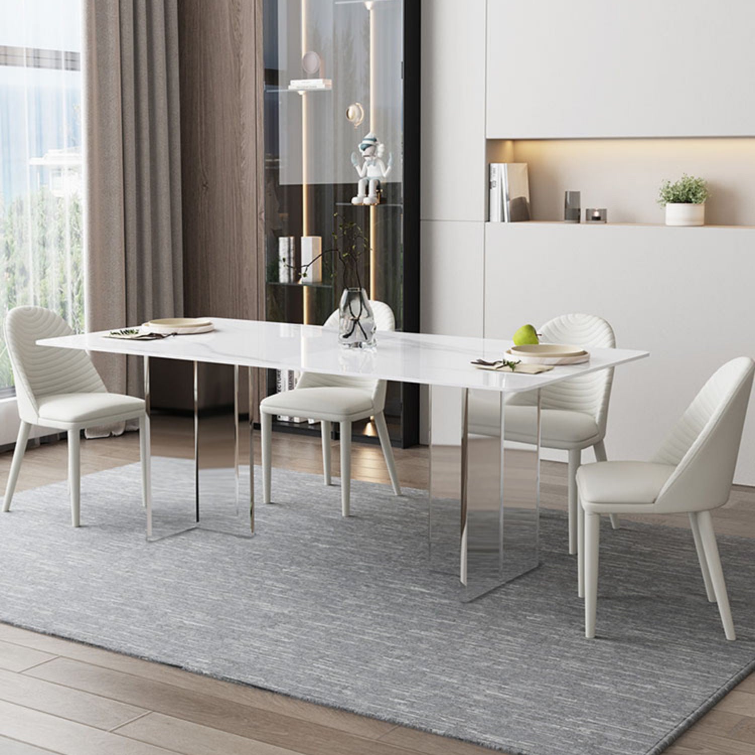 Mesa de comedor rectangular moderna, mesa de comedor de piedra sinterizada blanca con base acrílica para cocina