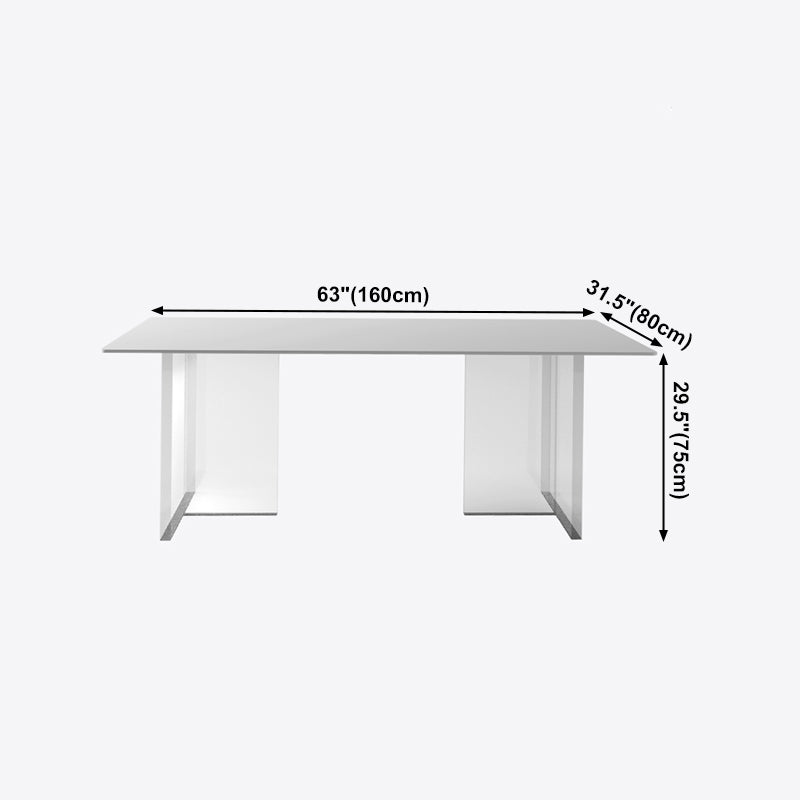 Mesa de comedor rectangular moderna, mesa de comedor de piedra sinterizada blanca con base acrílica para cocina
