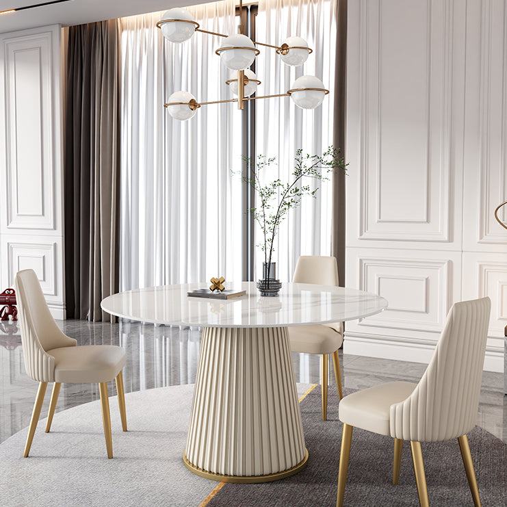 Round Traditional Luxury Dining Room Table White Sintered Stone Table with White Pedestal Base