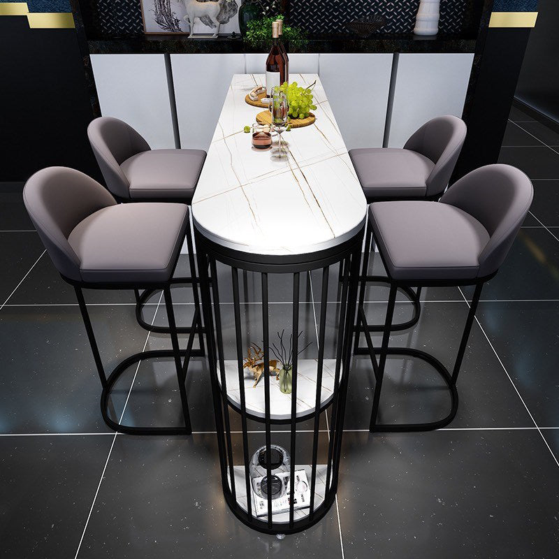 White Stone Industrial Indoor Bar Dining Table Double Pedestal Bistro Table with Shelve
