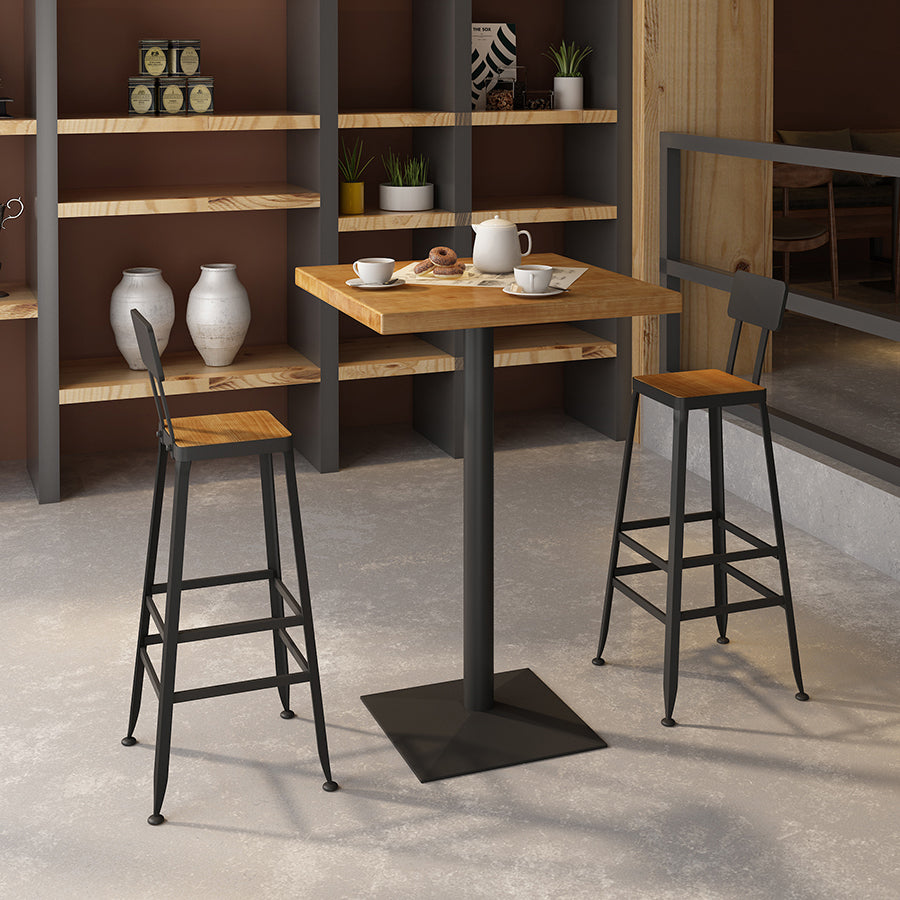 Industrial Square Hemlock Bar Dining Table Iron Indoor Bistro Table with Single Pedestal