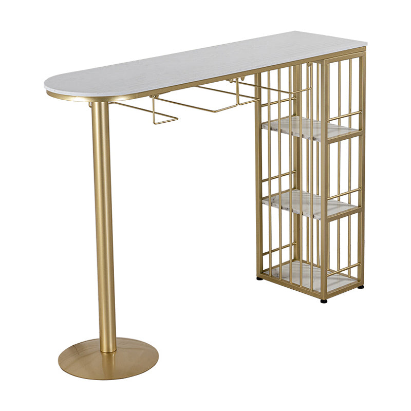 Glam Faux Marble Indoor Bar Dining Table Iron Double Pedestal Bistro Table with Shelve