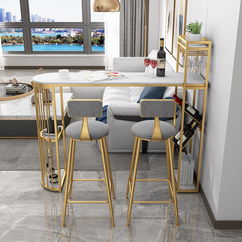 White Stone Glam Indoor Bar Dining Table Iron Double Pedestal Bistro Table with Shelve