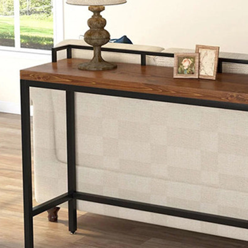 Modern Bar Dining Table Indoor Rectangle Wood Bar Table Trestle Iron Base in Brown