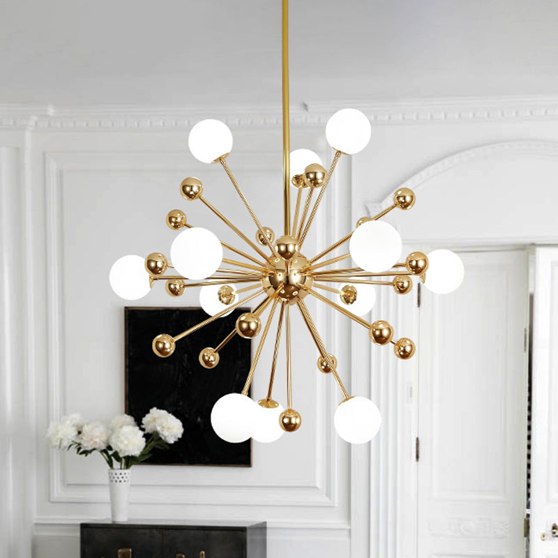 Designer Starburst Metal Chandelier Multi Lights Gold Ceiling Pendant Lamp with White Glass Ball Shade, 23.5"/31.5"/39" Wide