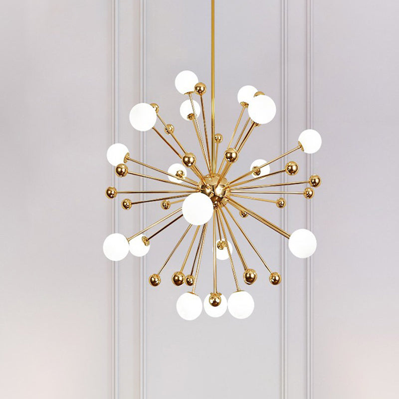 Designer Starburst Metal Chandelier Multi Lights Gold Ceiling Pendant Lamp with White Glass Ball Shade, 23.5"/31.5"/39" Wide