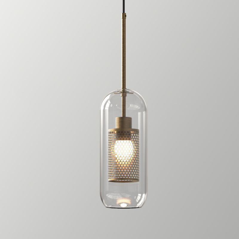 1 Light Glass Hanging Lamp Geometrical Metal Hanging Pendant Light in Clear
