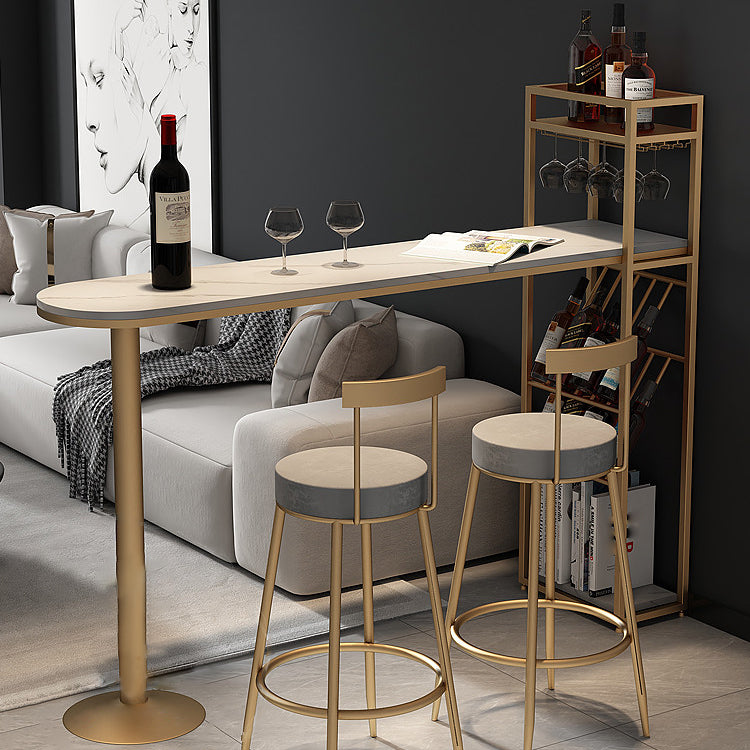Glam Style Gold Iron Bar Table 41.3"H Faux Marble White Top Bistro Table with Wine Rack