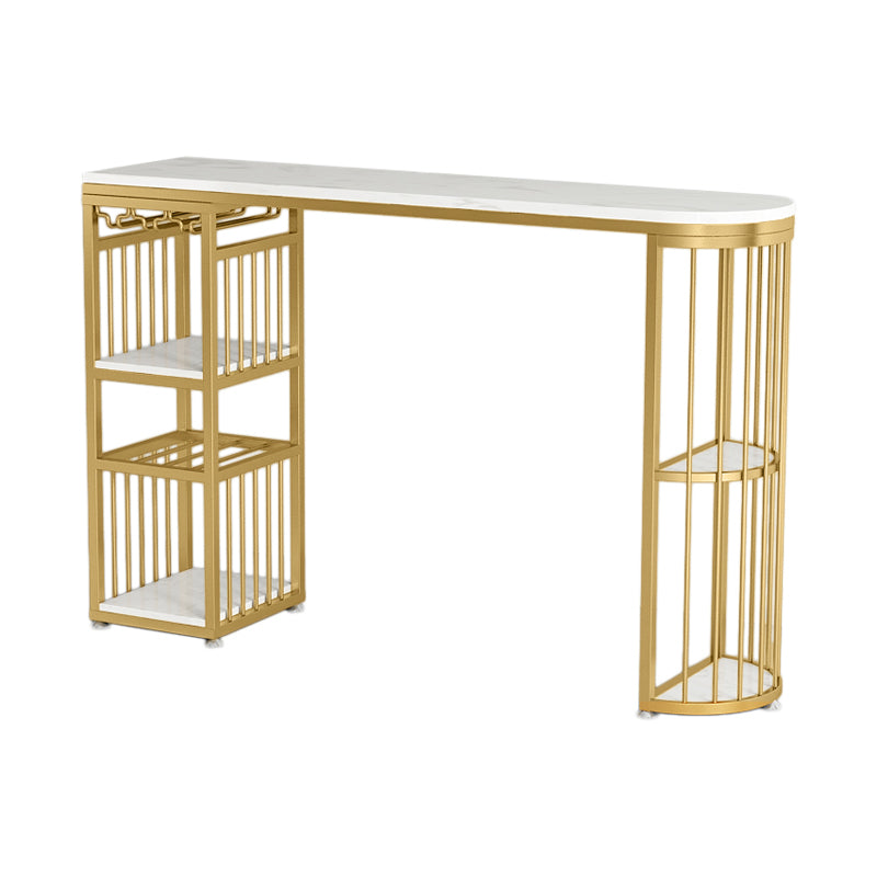 Glam White Marble Bar Dining Table Metal Double Pedestal Bistro Table with Shelve