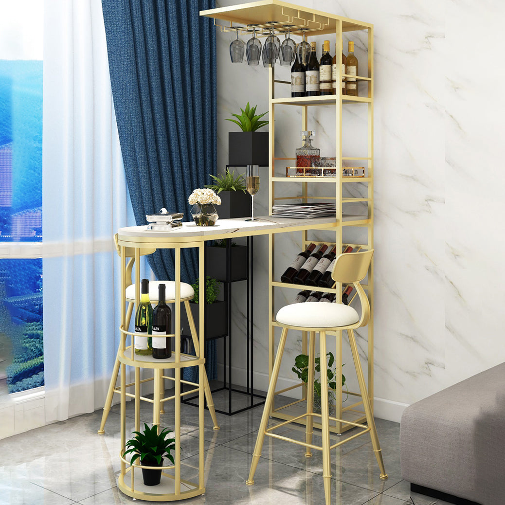 Glam White Stone Bar Dining Table Metal Double Pedestal Bistro Table with Wine Rack