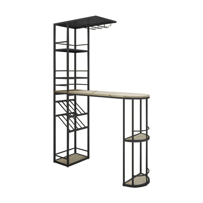Glam White Stone Bar Dining Table Metal Double Pedestal Bistro Table with Wine Rack