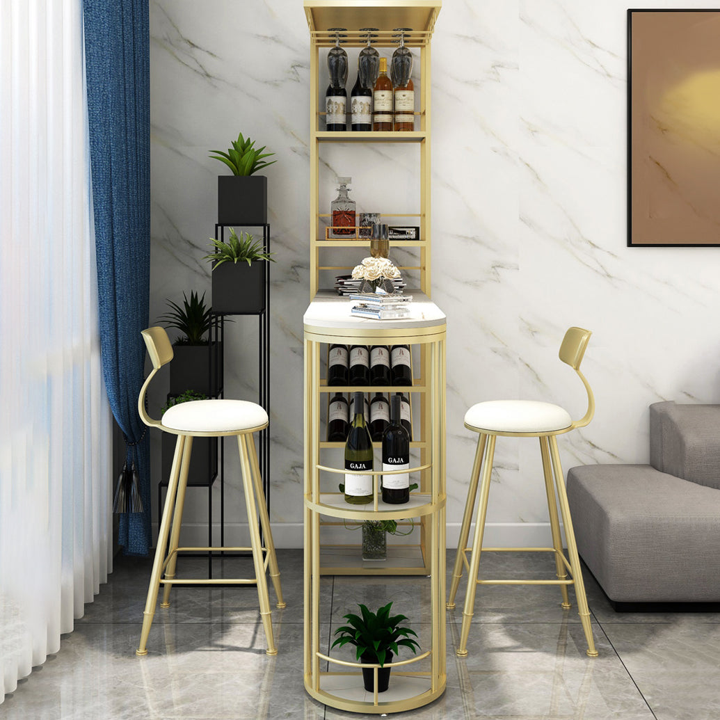 Glam White Stone Bar Dining Table Metal Double Pedestal Bistro Table with Wine Rack