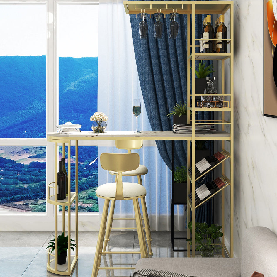 Glam White Stone Bar Dining Table Metal Double Pedestal Bistro Table with Wine Rack
