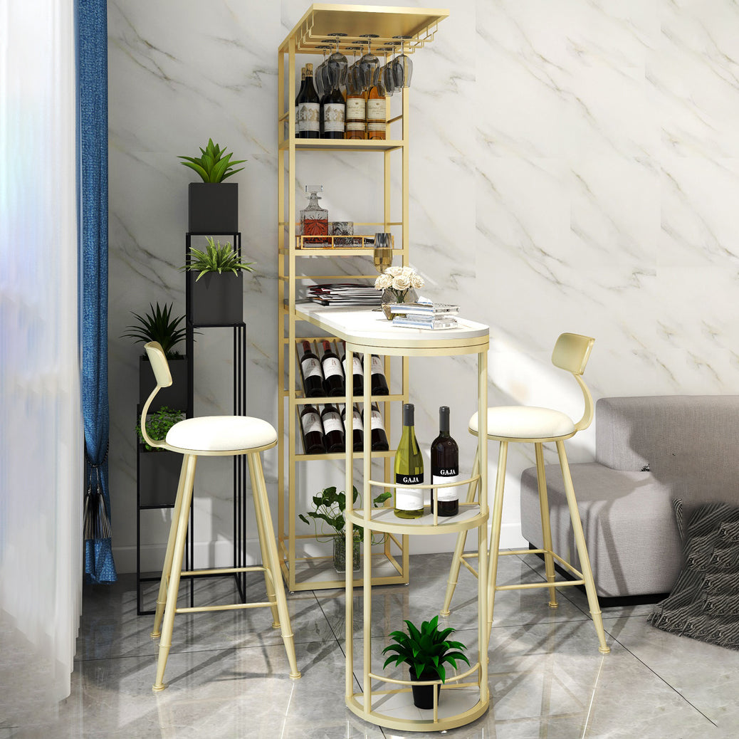 Glam White Stone Bar Dining Table Metal Double Pedestal Bistro Table with Wine Rack