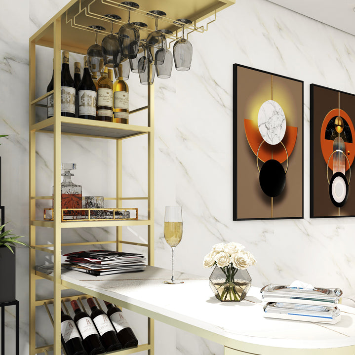Glam White Stone Bar Dining Table Metal Double Pedestal Bistro Table with Wine Rack