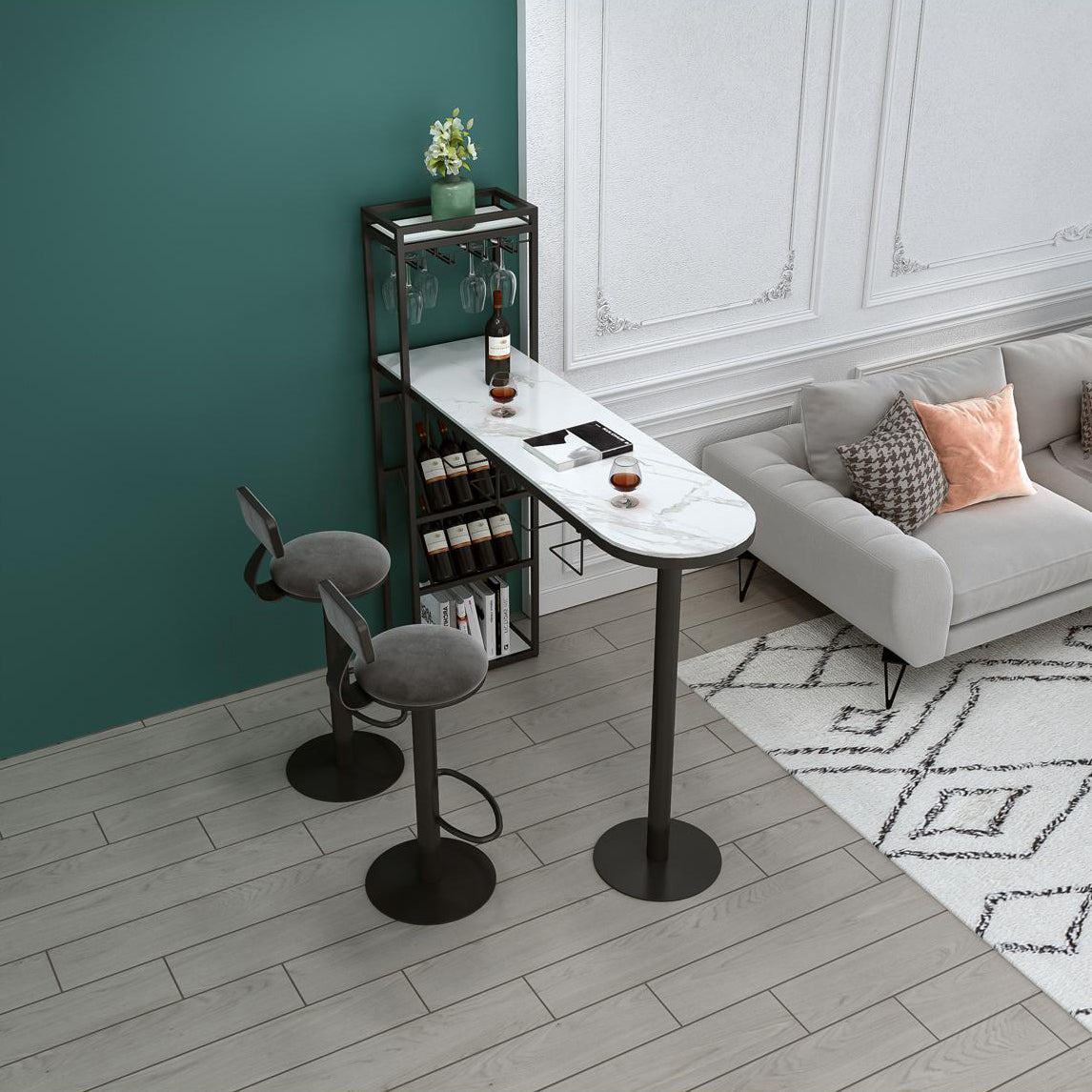 Glam Style Iron Bar Table 41.3"H Faux Marble White Top Bistro Table with Wine Rack