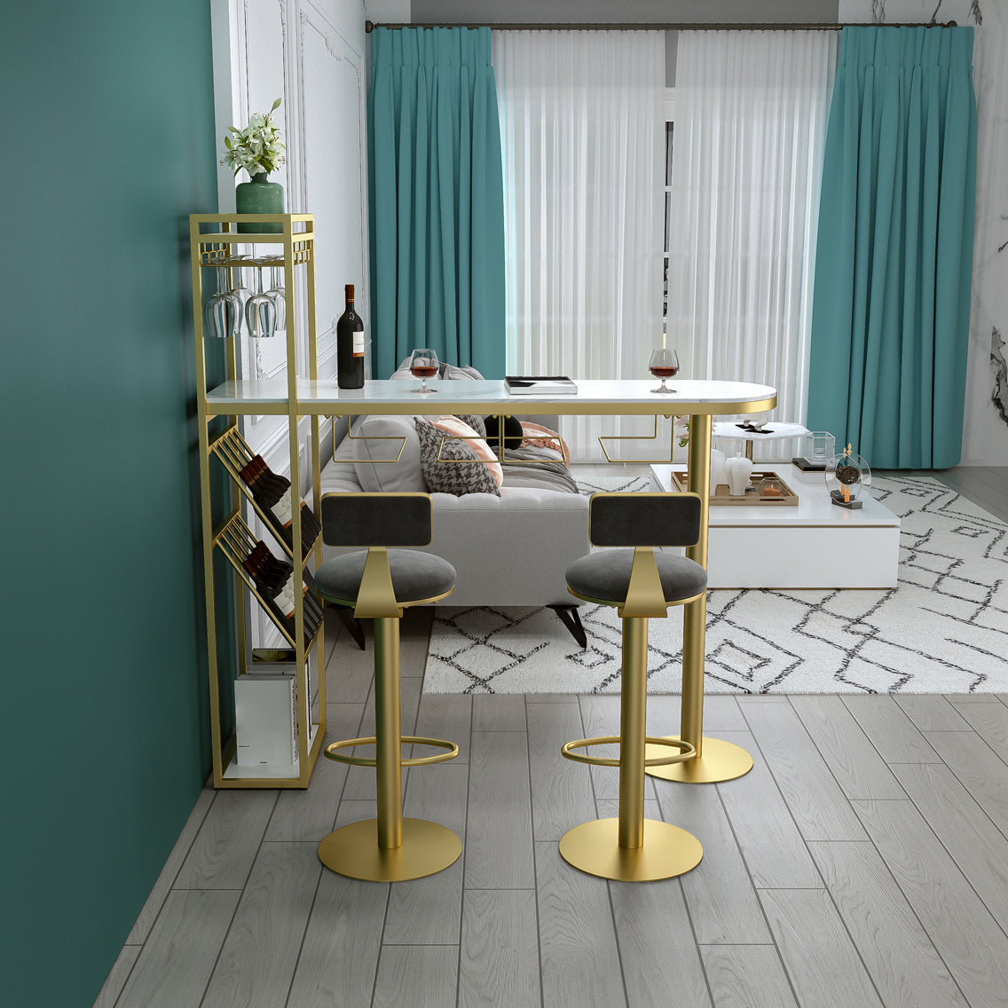 Glam Style Iron Bar Table 41.3"H Faux Marble White Top Bistro Table with Wine Rack