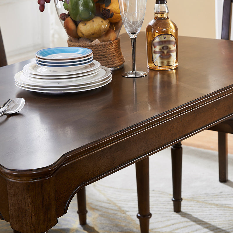 Mesa de comedor medieval moderna rectangular de madera de caucho en color marrón con 4 patas