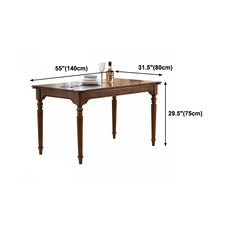 Mesa de comedor medieval moderna rectangular de madera de caucho en color marrón con 4 patas