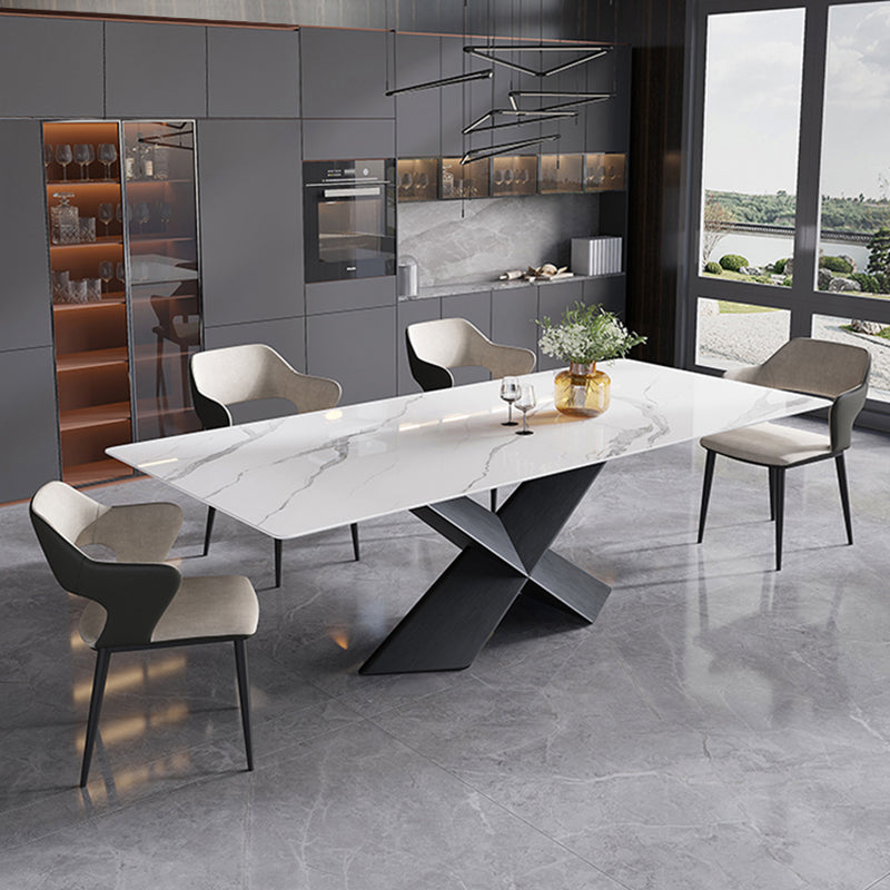Mesa de comedor de piedra sinterizada extensible Mesa blanca industrial con pedestal de metal