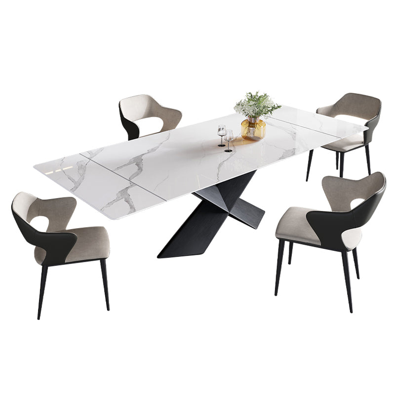 Mesa de comedor de piedra sinterizada extensible Mesa blanca industrial con pedestal de metal