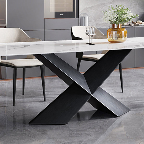 Mesa de comedor de piedra sinterizada extensible Mesa blanca industrial con pedestal de metal