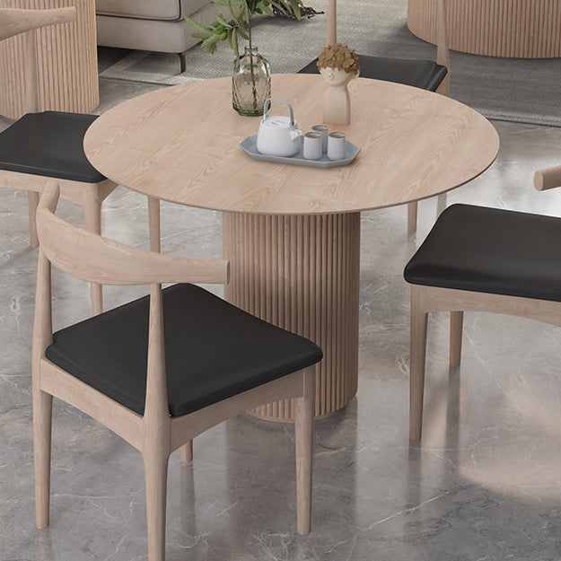 Round Pedestal Casual Dining Table Light Wood Color Fixed Table with Pinewood Solid Wood