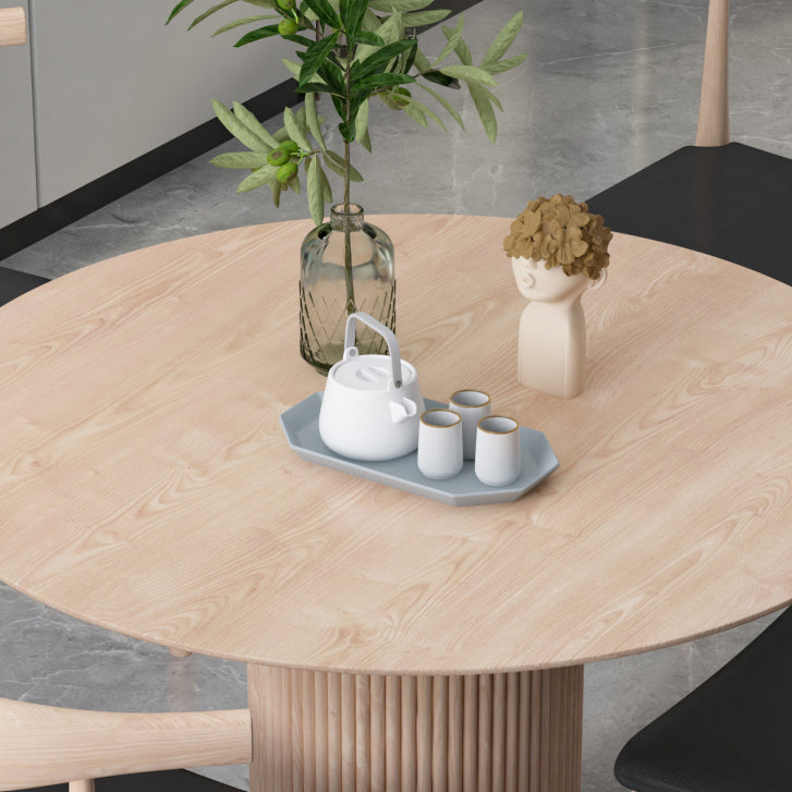 Round Pedestal Casual Dining Table Light Wood Color Fixed Table with Pinewood Solid Wood