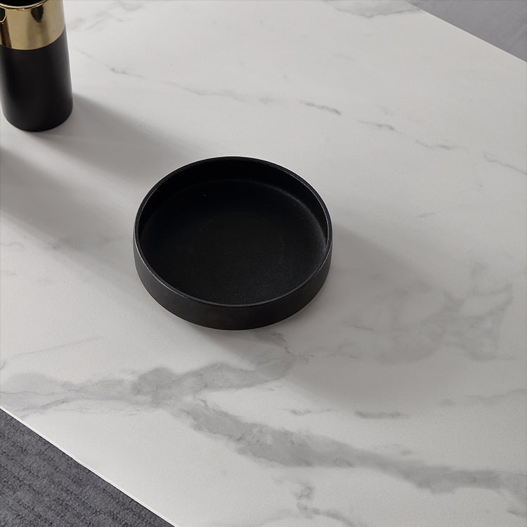 Mesa de comedor de lujo tradicional rectangular de piedra sinterizada mesa de comedor de 4 patas con marco negro