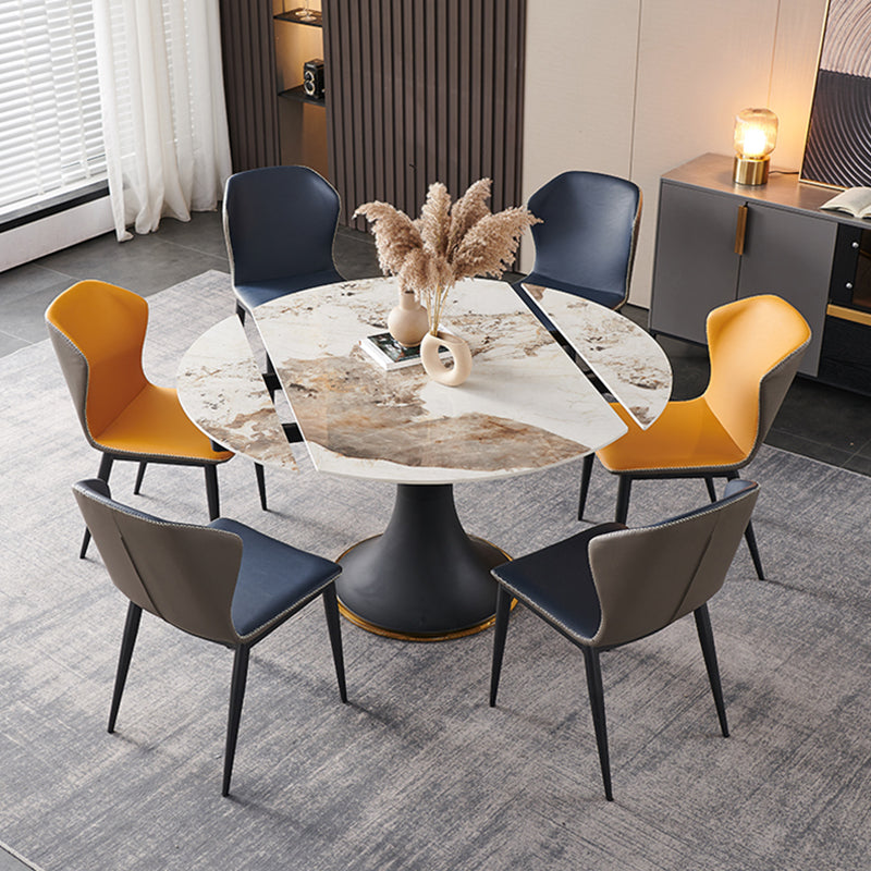 Mesa de comedor de piedra sinterizada de lujo con base de metal negro