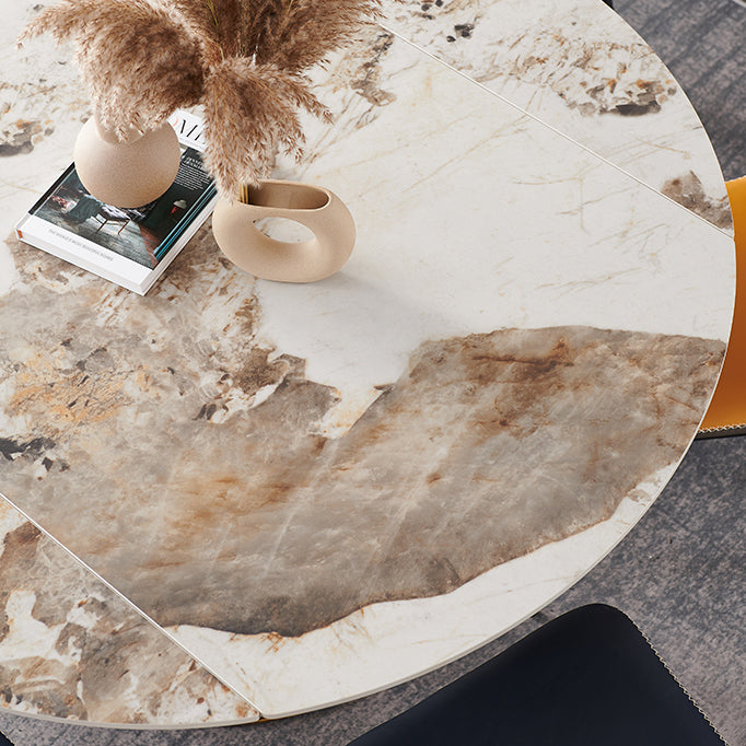 Mesa de comedor de piedra sinterizada de lujo con base de metal negro
