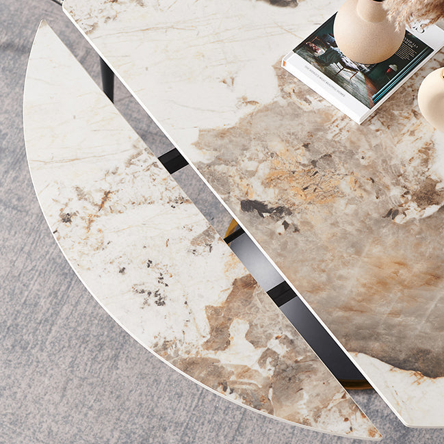 Mesa de comedor de piedra sinterizada de lujo con base de metal negro