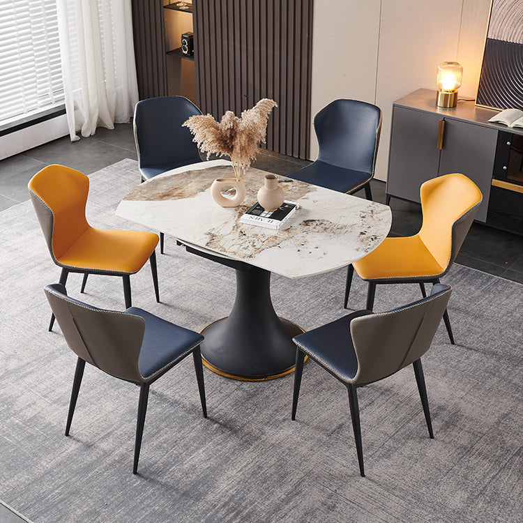 Mesa de comedor de piedra sinterizada de lujo con base de metal negro