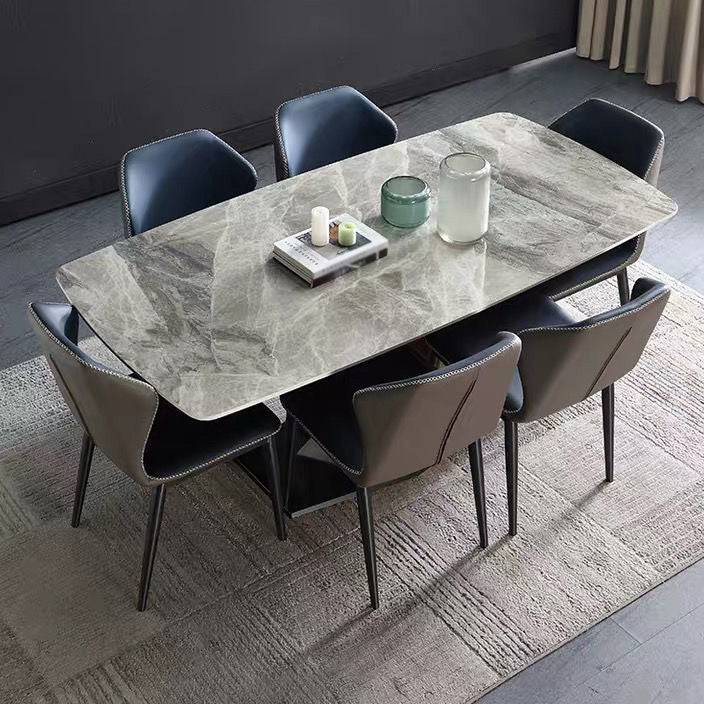 Mesa de comedor de lujo tradicional rectángulo Mesa de piedra sinterizada gris con base de pedestal de metal negro