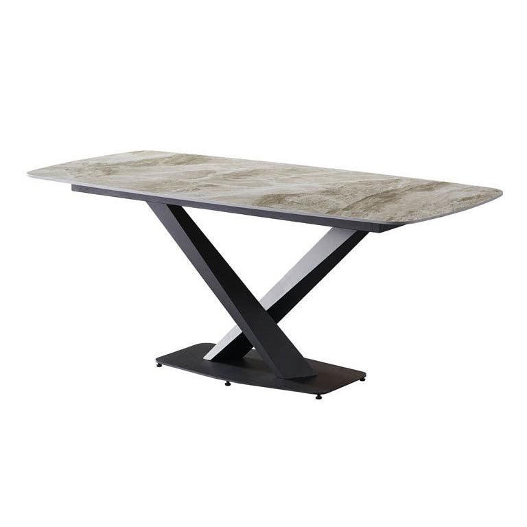 Mesa de comedor de lujo tradicional rectángulo Mesa de piedra sinterizada gris con base de pedestal de metal negro