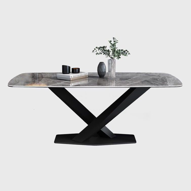 Mesa de comedor de lujo tradicional rectángulo Mesa de piedra sinterizada gris con base de pedestal de metal negro