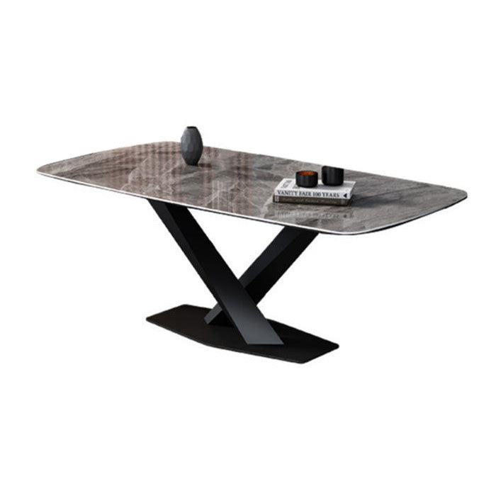 Mesa de comedor de lujo tradicional rectángulo Mesa de piedra sinterizada gris con base de pedestal de metal negro