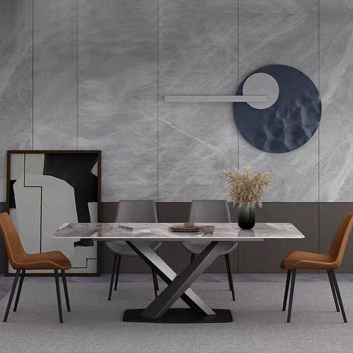 Mesa de comedor de lujo tradicional rectángulo Mesa de piedra sinterizada gris con base de pedestal de metal negro
