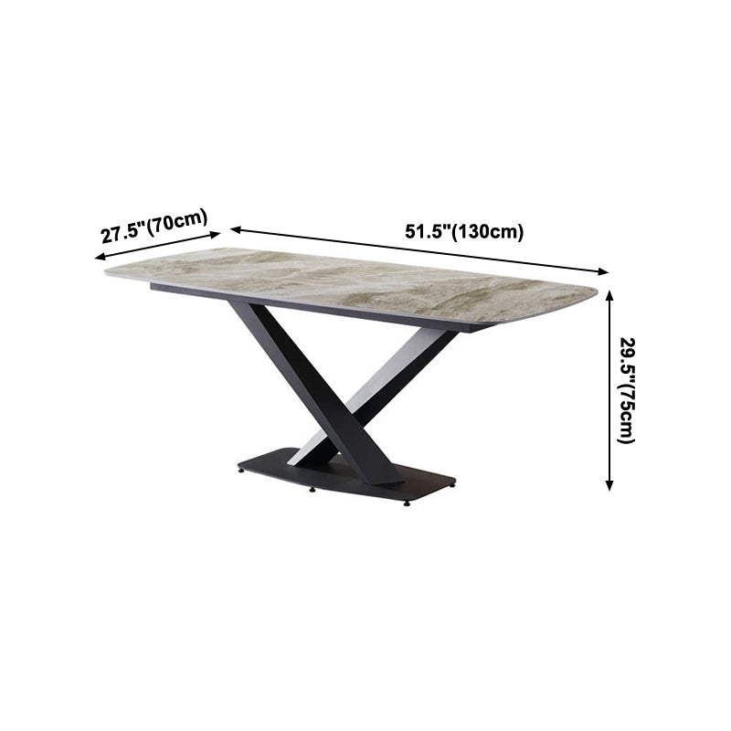 Mesa de comedor de lujo tradicional rectángulo Mesa de piedra sinterizada gris con base de pedestal de metal negro