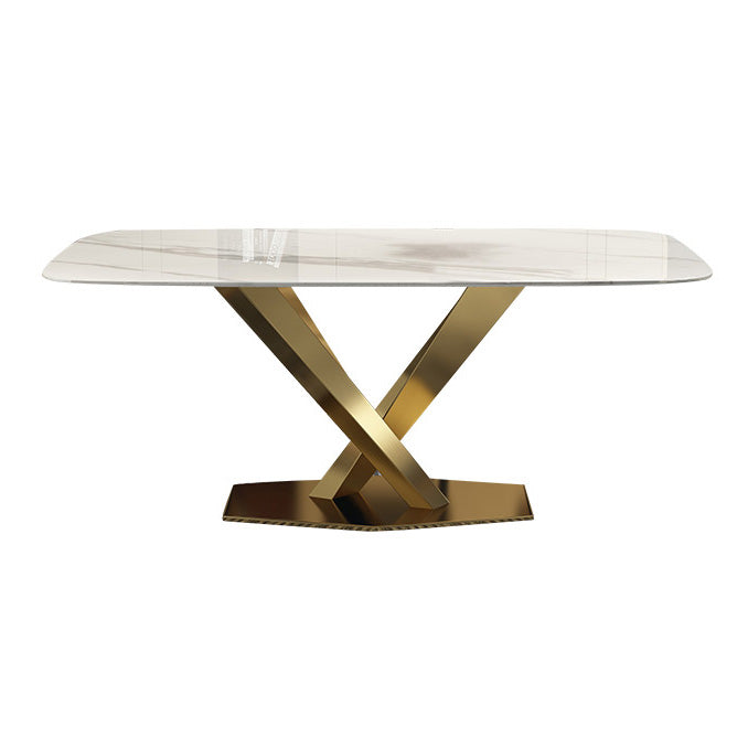 Rectangle Traditional Luxury Dining Table White Sintered Stone Table with Gold Metal Pedestal Base