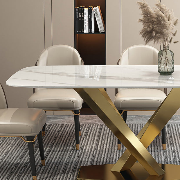 Rectangle Traditional Luxury Dining Table White Sintered Stone Table with Gold Metal Pedestal Base