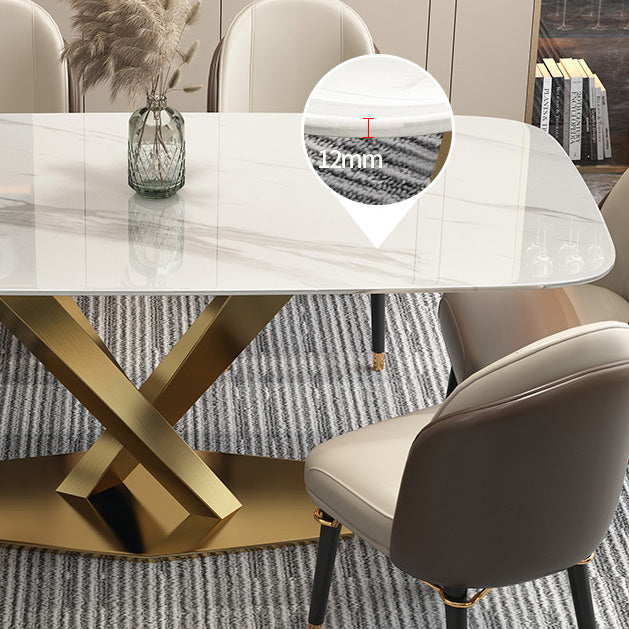 Rectangle Traditional Luxury Dining Table White Sintered Stone Table with Gold Metal Pedestal Base