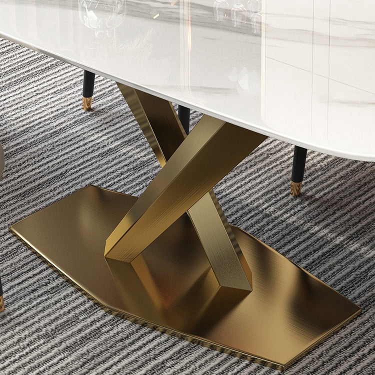 Rectangle Traditional Luxury Dining Table White Sintered Stone Table with Gold Metal Pedestal Base