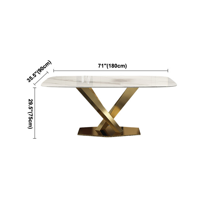 Rectangle Traditional Luxury Dining Table White Sintered Stone Table with Gold Metal Pedestal Base