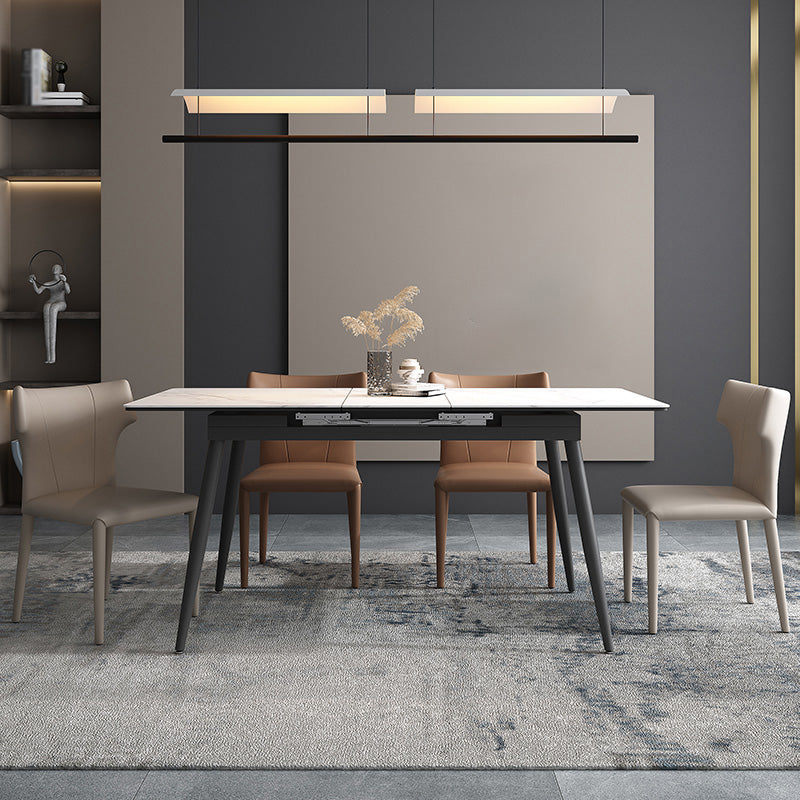 Mesa de comedor industrial extensible rectángulo Mesa de piedra sinterizada blanca con 4 piernas negras